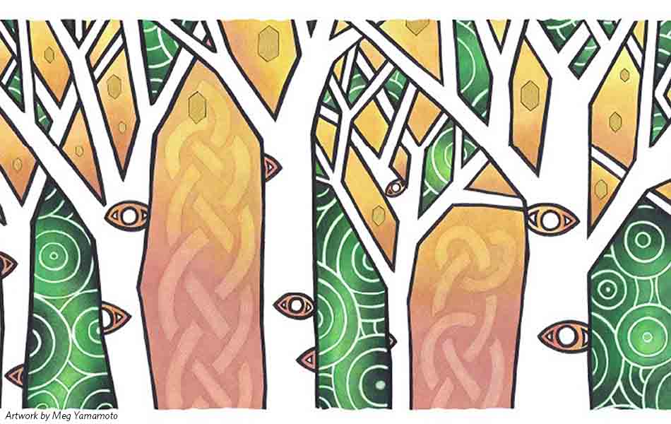 A drawing of beech trees in white with a pink and yellow background and green bushes