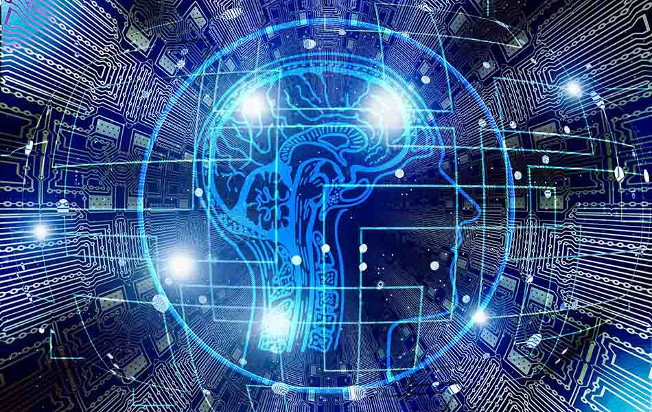 An image of a human brain overlaid with network connections, in blue