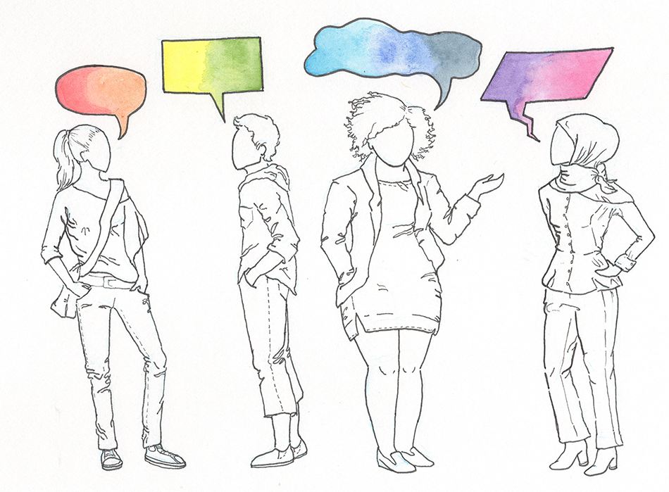 A cartoon of four women talking, with multicoloured speech bubbles above their head. Credit: Rachel Cripps @miss_rachelclaire