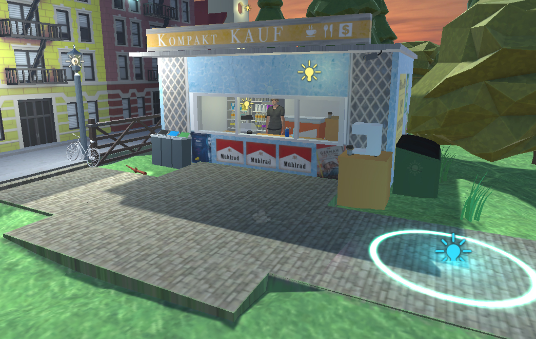 An image of the virtual reality German kiosk in ChatSim, which features 3D rendering of a kiosk in a park surrounded by grass and buildings.