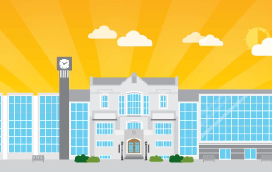 An illustration of the Koerner Library with the clocktower to the left and an orange sky