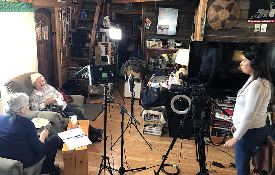 Members of the Splatsin Tsm7aksaltn dictionary team record fluent speaker, Emmeline Felix