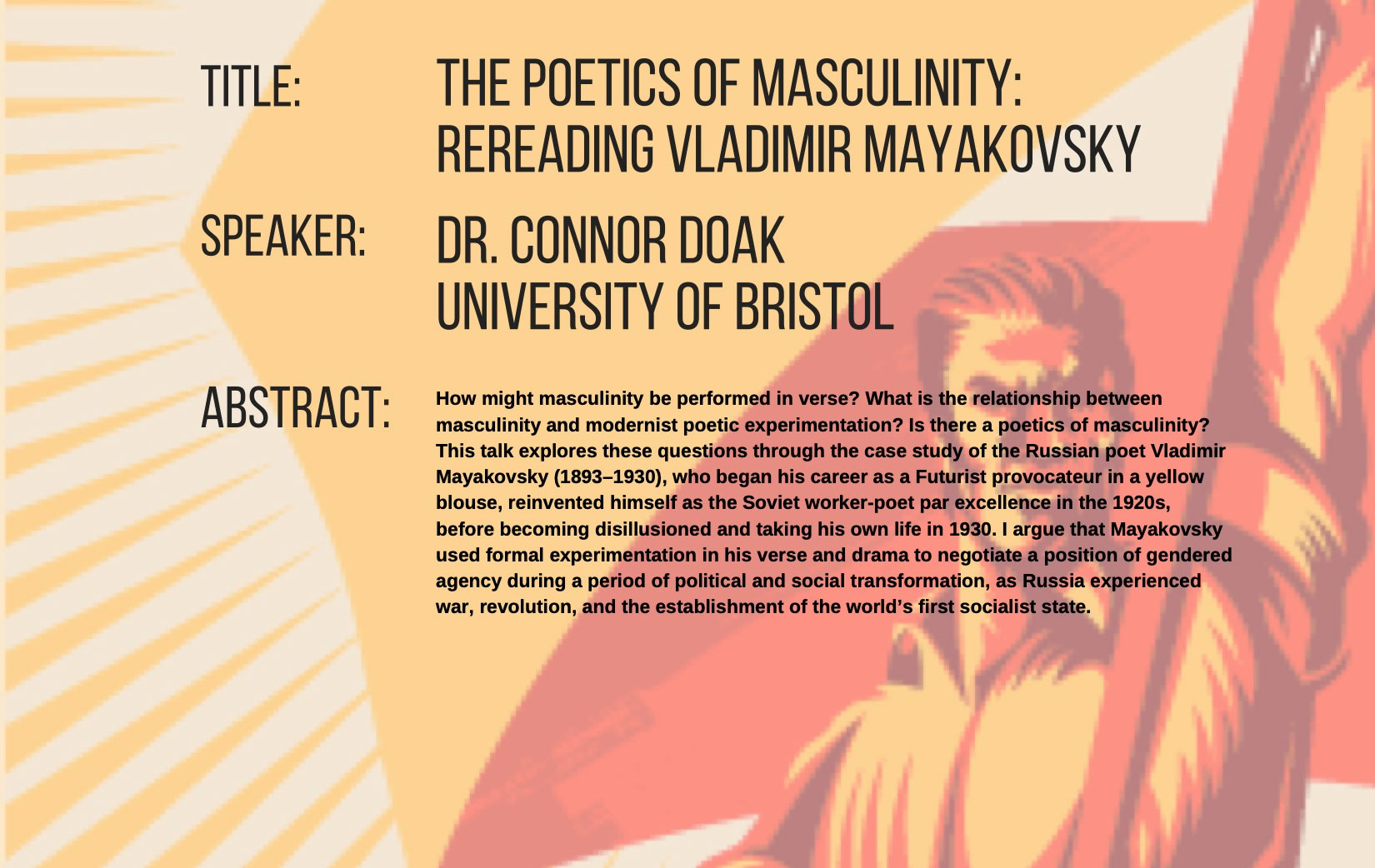 A snapshot of the poster for the event, showing a man in orange and red holding aloft a flag pole with a yellow flag attached