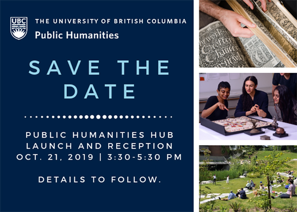 A poster for the Public Humanities Hub launch, with pictures of hands flipping an old book, students gathered around a map, and a play being performed in an outdoor, grassy amphitheatre 