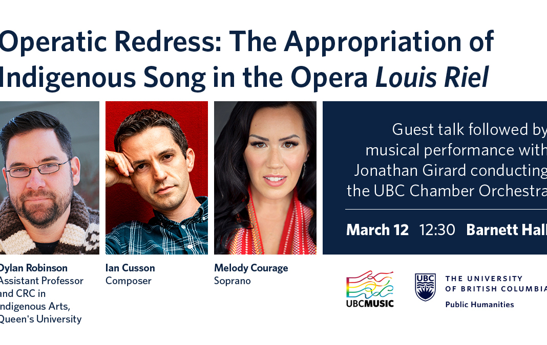 An image of the poster of the event, with headshots of the composer, the soprano singer, and Stó:lō scholar Dr. Dylan Robinson