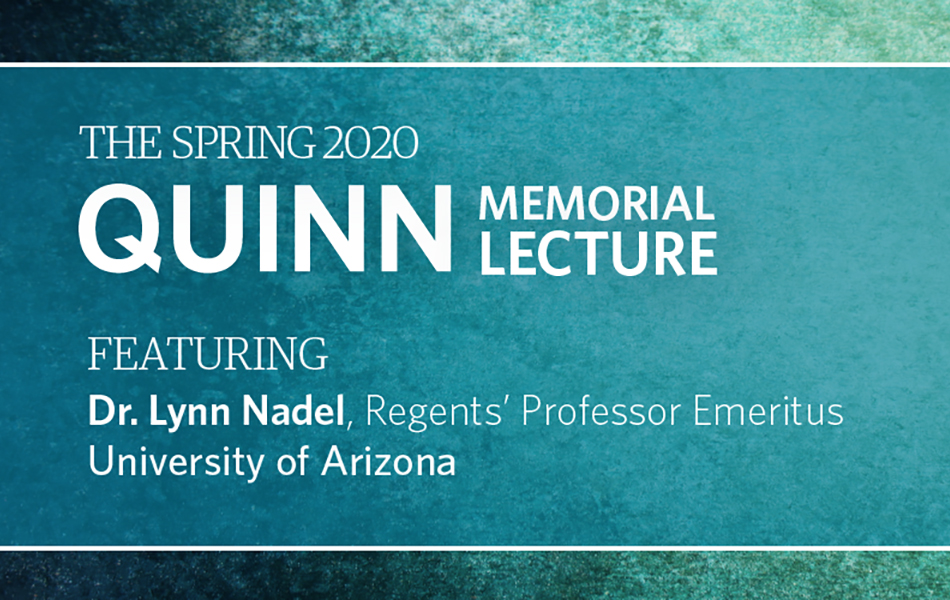 A poster for the Quinn Memorial Lecture, with the text in white on a blue-green background