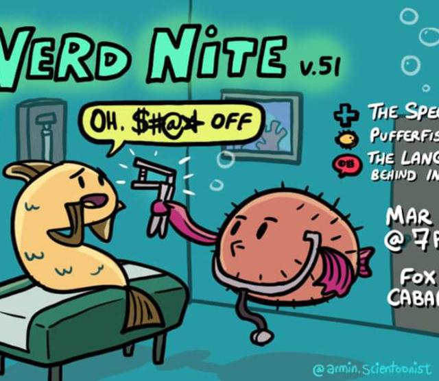 The Nerd Nite poster, featuring a cartoon fish on a couch swearing at a puffer fish dressed as a doctor 