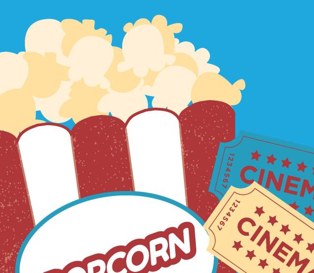 An image of popcorn and two movie tickets against a blue background
