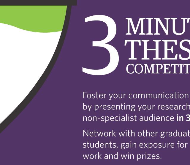 A section of the 3 minute thesis competition poster, with a purple background and a white and green shape on the left