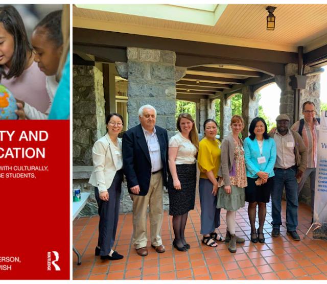 Image of book cover and photo of the conference attendees.