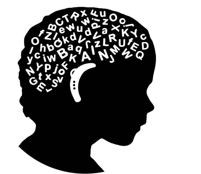 A silhouette of a childs head with brain made of letters wearing a hearing aid