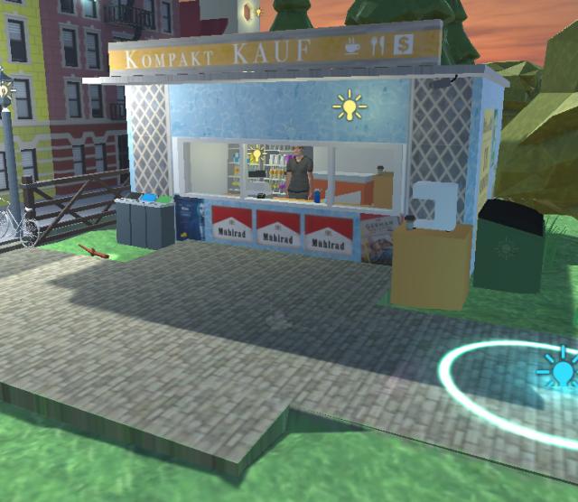 An image of the virtual reality German kiosk in ChatSim, which features 3D rendering of a kiosk in a park surrounded by grass and buildings.