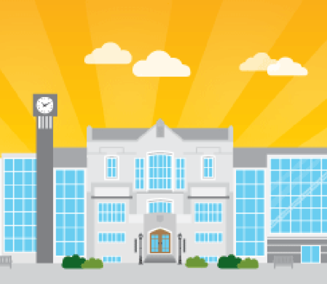 An illustration of the Koerner Library with the clocktower to the left and an orange sky