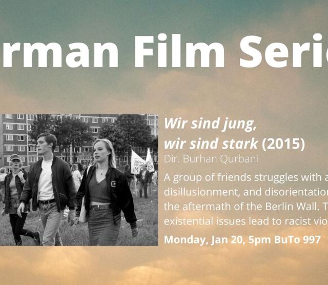 A poster for the German Film Series on a background of sunrise-lit clouds, featuring a black and white photo of a girl and a boy walking briskly in a protest