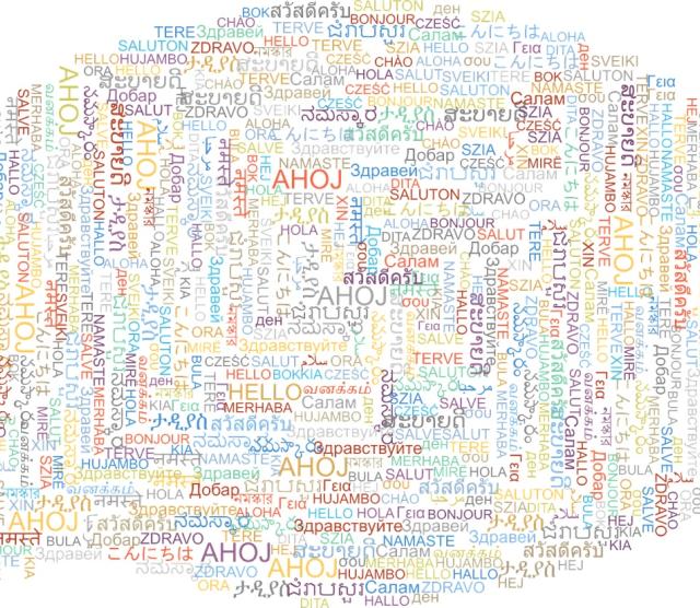 A collage of greetings in many different languages, in the shape of a speech bubble.