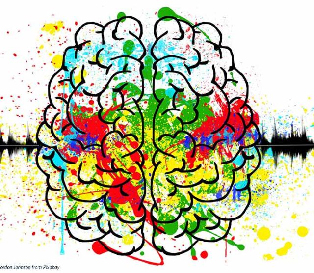 The stencil of a human brain is splashed with green, red, yellow and blue colour in a paint effect, with a black sound wave running underneath the image horizontally