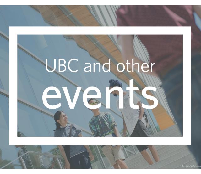 A picture of students speaking and laughing while walking past the glass windows of a UBC building, with a student's back in the foreground