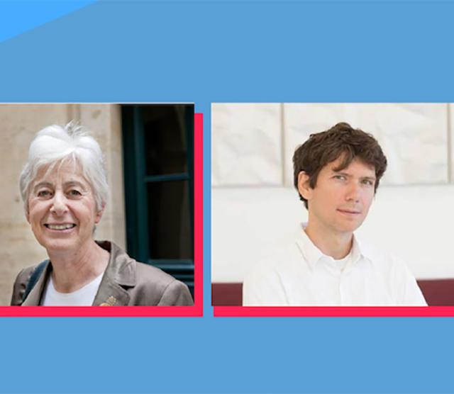 Headshots of the two speakers against a light blue background