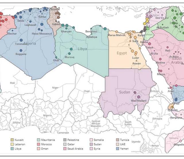 A map of Arabic micro-dialects highlighted in different pastel colours