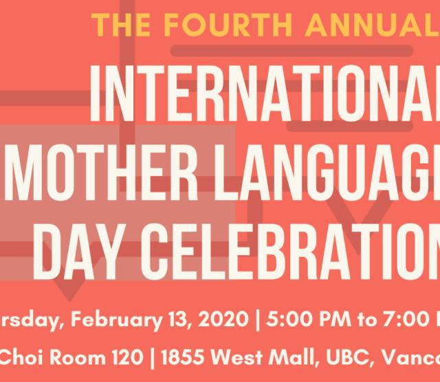 A section of the poster for the International Mother Language Day Celebration, with text in white and the background in salmon pink