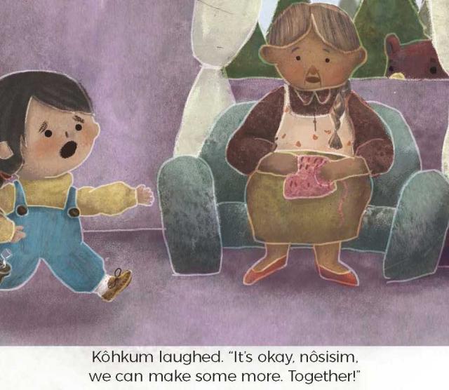 A drawing from the book, of Awâsis running with a basket on her arm towards kôhkum, who is sitting in a chair embroidering