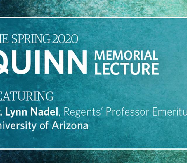 A poster for the Quinn Memorial Lecture, with the text in white on a blue-green background