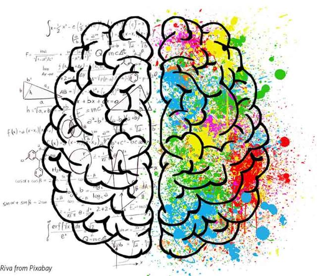 A drawing of a brain with the left side in black and white, with equations, and the right side covered with colourful paint splotches