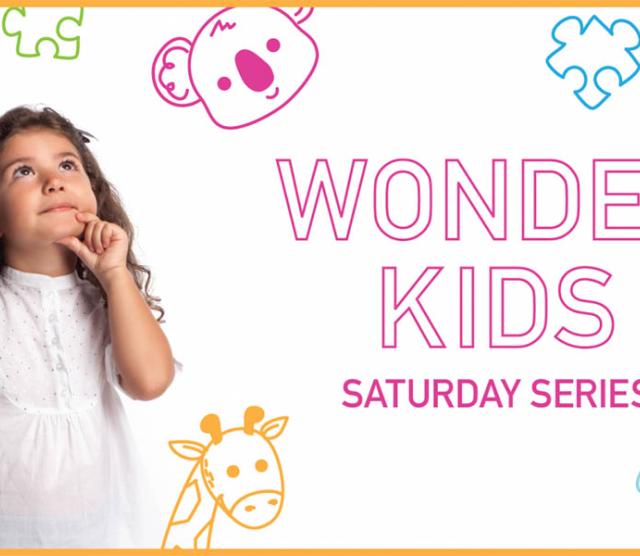 A little girl in a white dress is looking up towards the sky with her finger and thumb on her chin. Behind her are colorful jigsaw pieces and cartoons of a koala in pink and a giraffe in yellow. Words in pink bubble letters say Wonder Kids speaker series